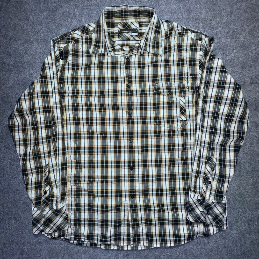 Rocawear Button Up‎ Shirt Men's XL Plaid Long Sleeve Brown Tan Blue Cotton